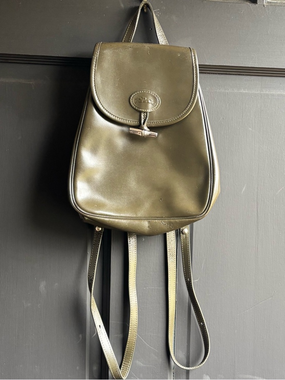 Vintage Longchamp Paris Backpack Olive green patent leather
